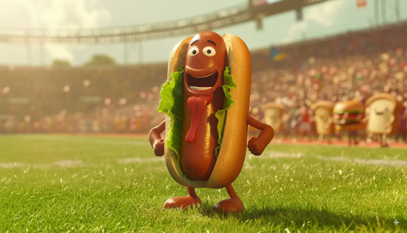경기장 앞 필드에 서있는 만화 핫도그