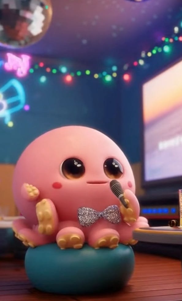 분홍색 문어가 방의 의자에 앉아 있다