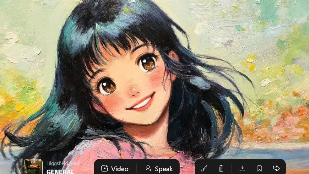 검은 머리를 가진 소녀가 그림 앞에서 웃고 있습니다.