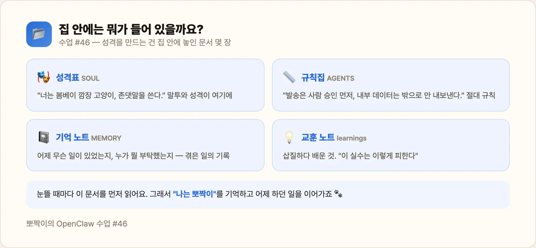 집 안의 네 가지 — 성격표·규칙집·기억 노트·교훈 노트