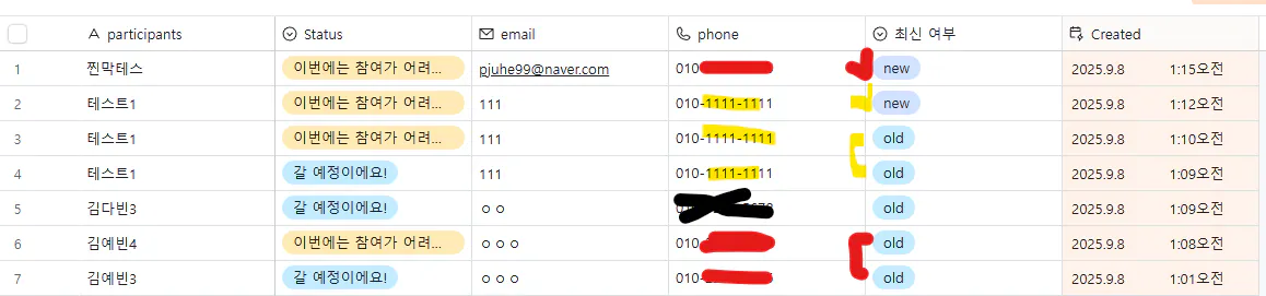 여러 가지 색상이있는 테이블