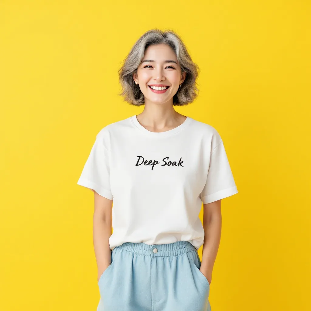 흰색 티셔츠와 파란색 반바지를 입은 여자