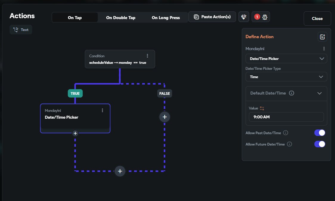 Actions panel opened. Date/Time Picker action is selected, and the default value is set manually to 9:00 AM.