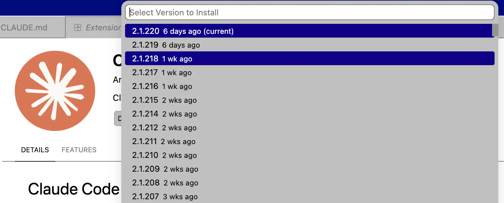Select Version to Install 목록 — 2.1.220 (current), 2.1.219, 2.1.218 순으로 최신 버전부터 나열됨