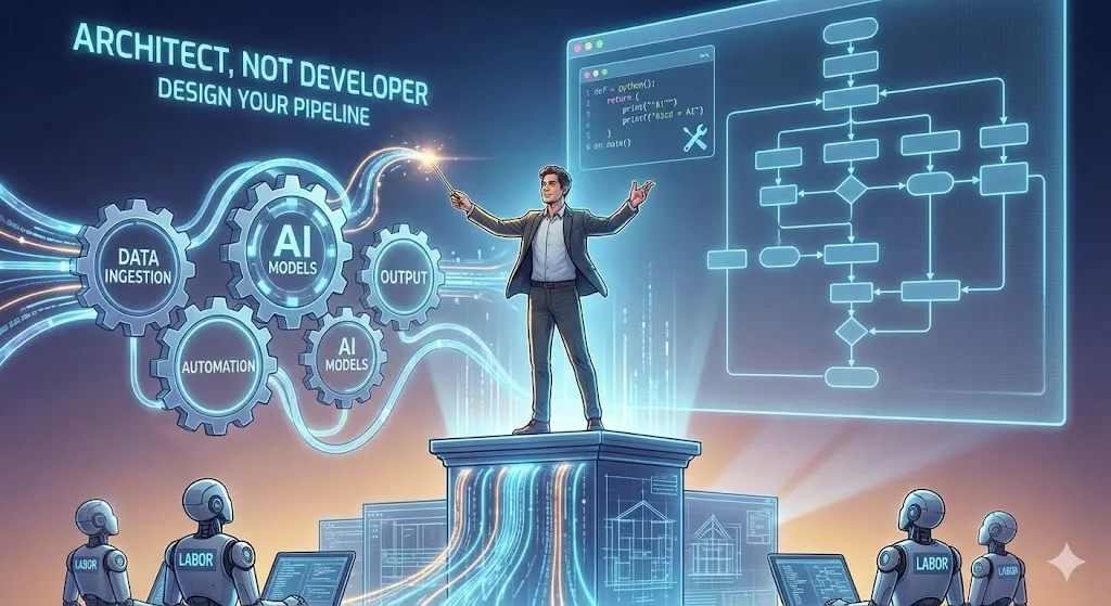 건물 꼭대기에 서 있는 남자와 그 위에 로봇이 있는 이미지