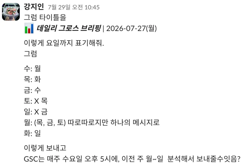 지인이 브리핑 타이틀에 요일까지 표기해 달라고 하고, 요일별로 어떤 날짜를 보낼지 정리한 뒤 GSC는 매주 수요일에 지난주를 분석해 보내달라고 요청하는 대화