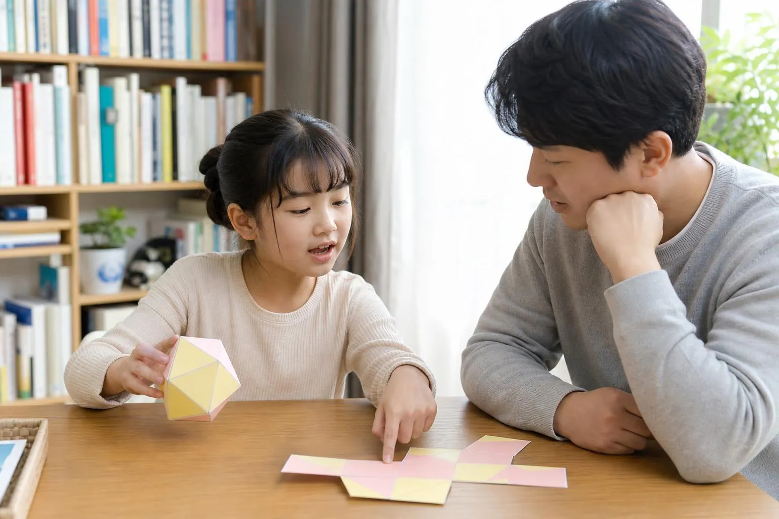 한 남자와 그의 딸이 종이접기를 가지고 놀고 있다