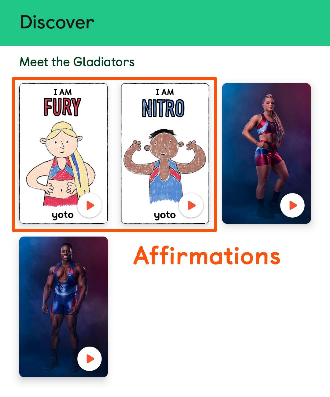 A screenshot of the Discover section of the Yoto App, with the two Affirmations cards highlighted