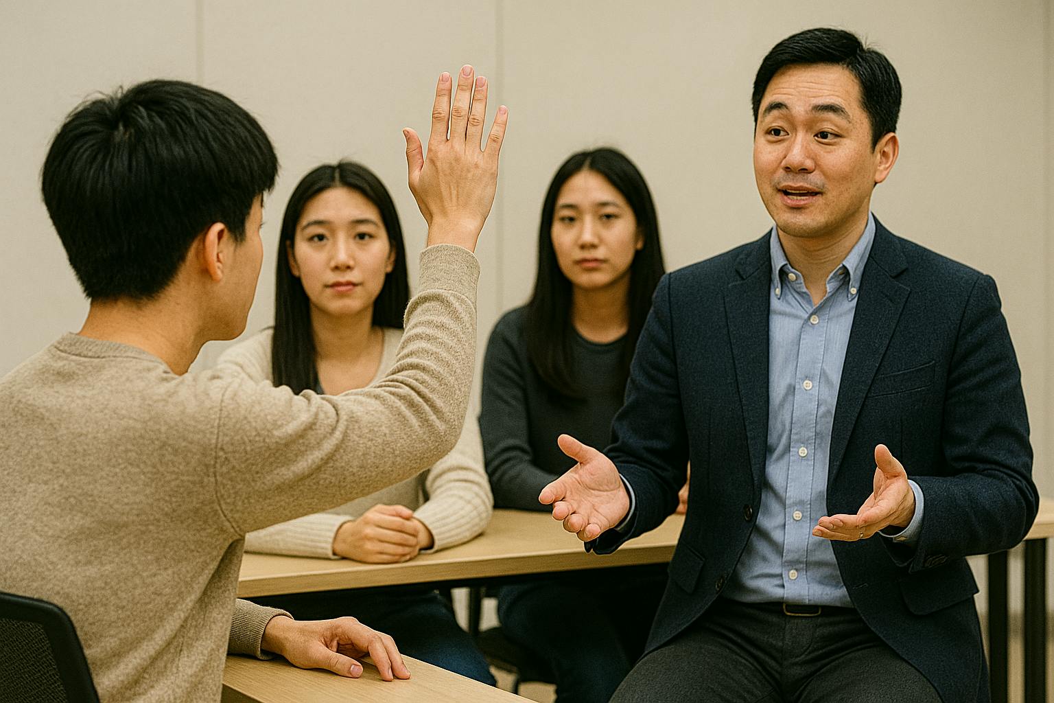 교실에서 한 무리의 사람들에게 높은 5 명을주는 남자