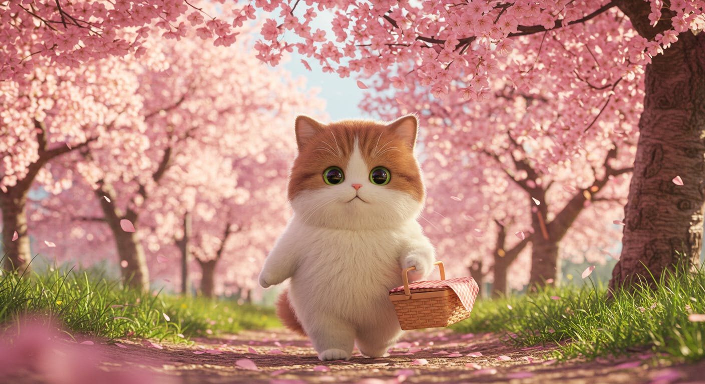 고양이는 배경에 벚꽃이있는 길을 걷고 있습니다.
