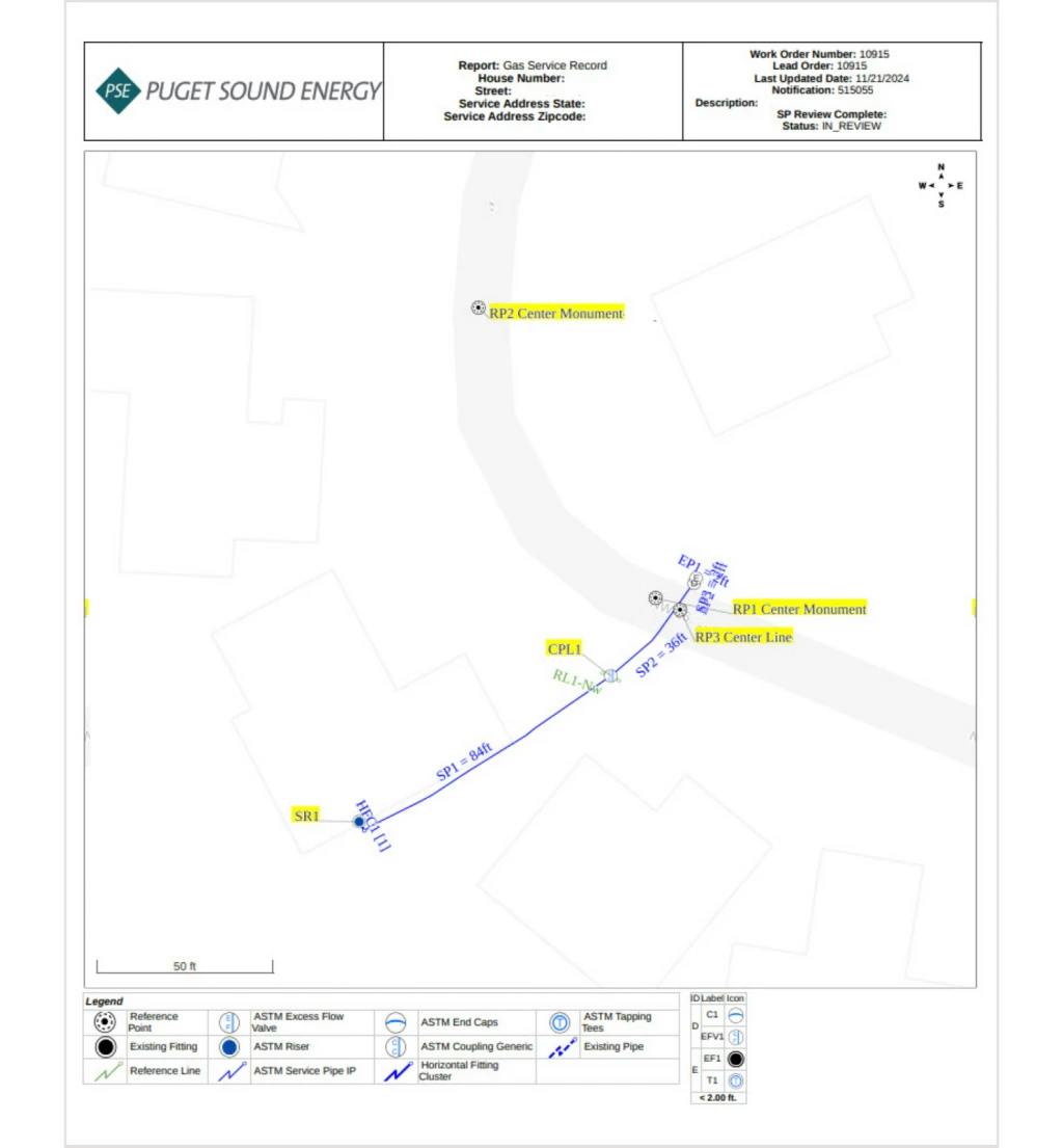 A digital as-built displaying the installation of a new gas service. Assets are coded so they can be found in the Bill of Materials on another page of the as-built.