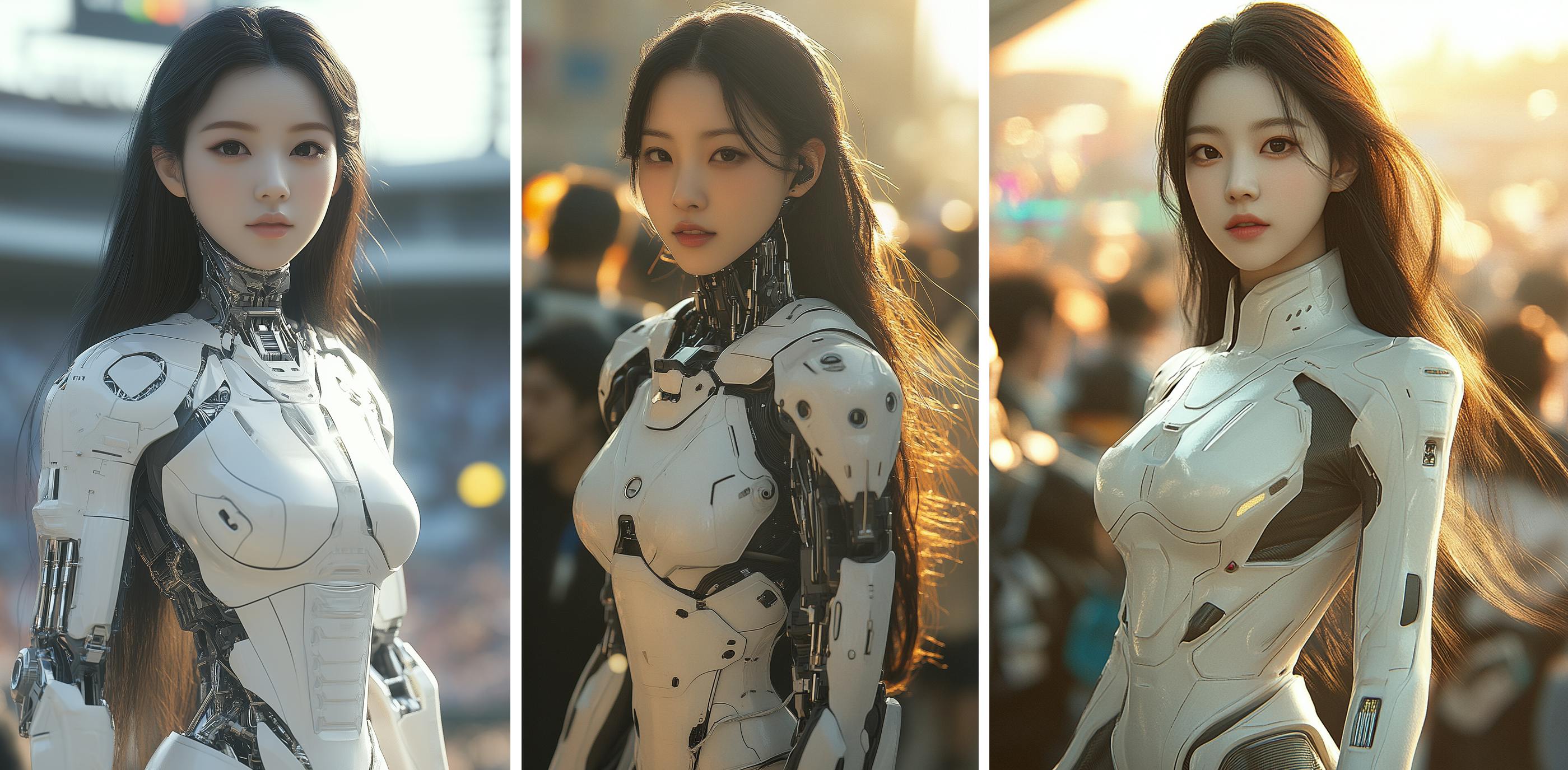 로봇 정장을 입은 여성의 세 가지 이미지