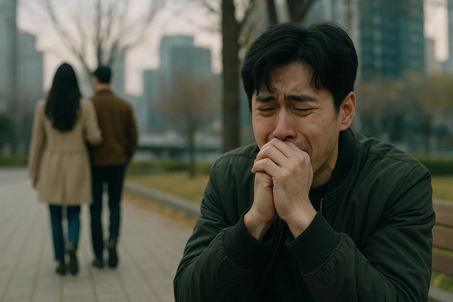 한 남자가 공원에서 벤치에 앉아 울고 있습니다.