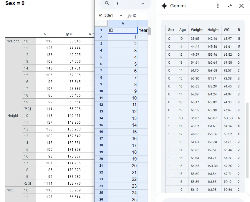 많은 행과 열이있는 스프레드 시트의 스크린 샷