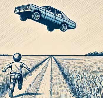 들판 위로 자동차가 날아가는 그림