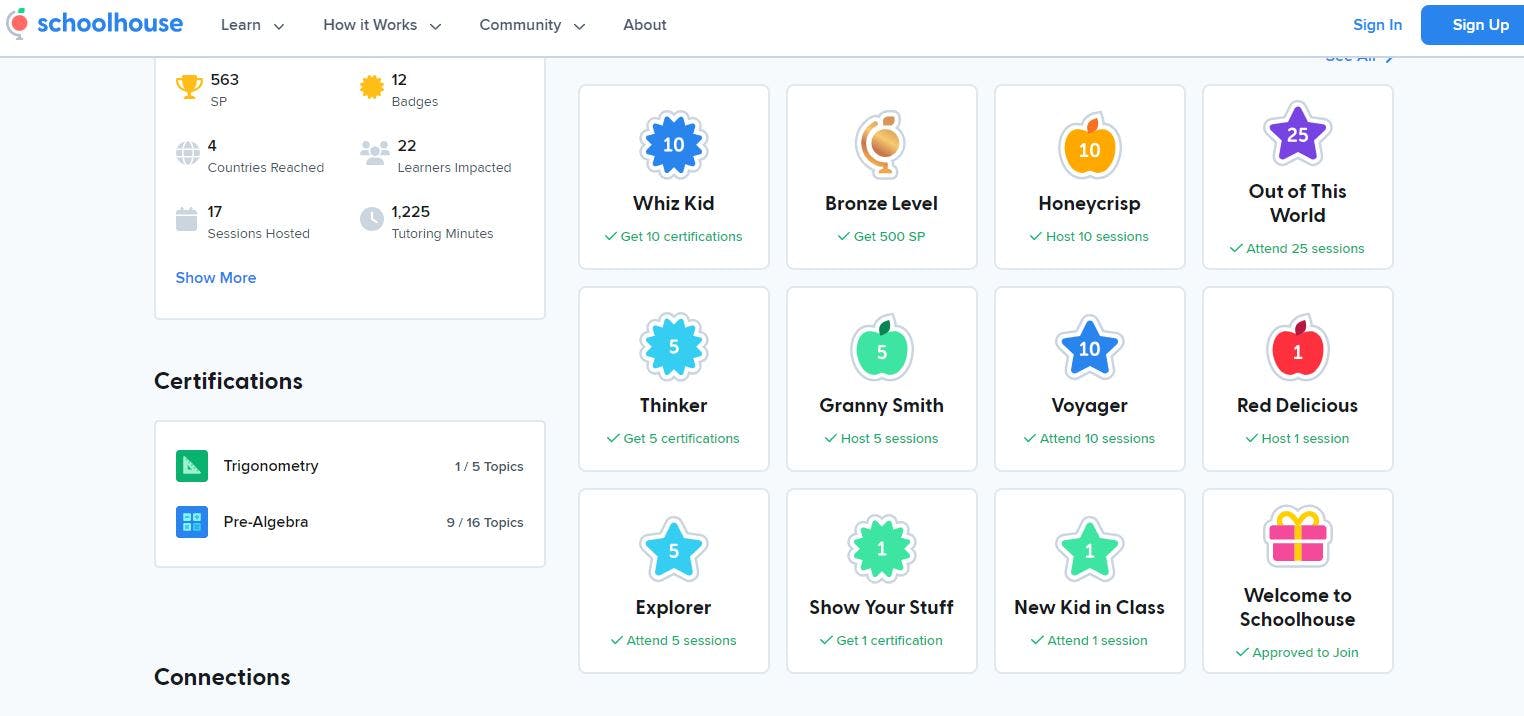 Example of community badges from Schoolhouse