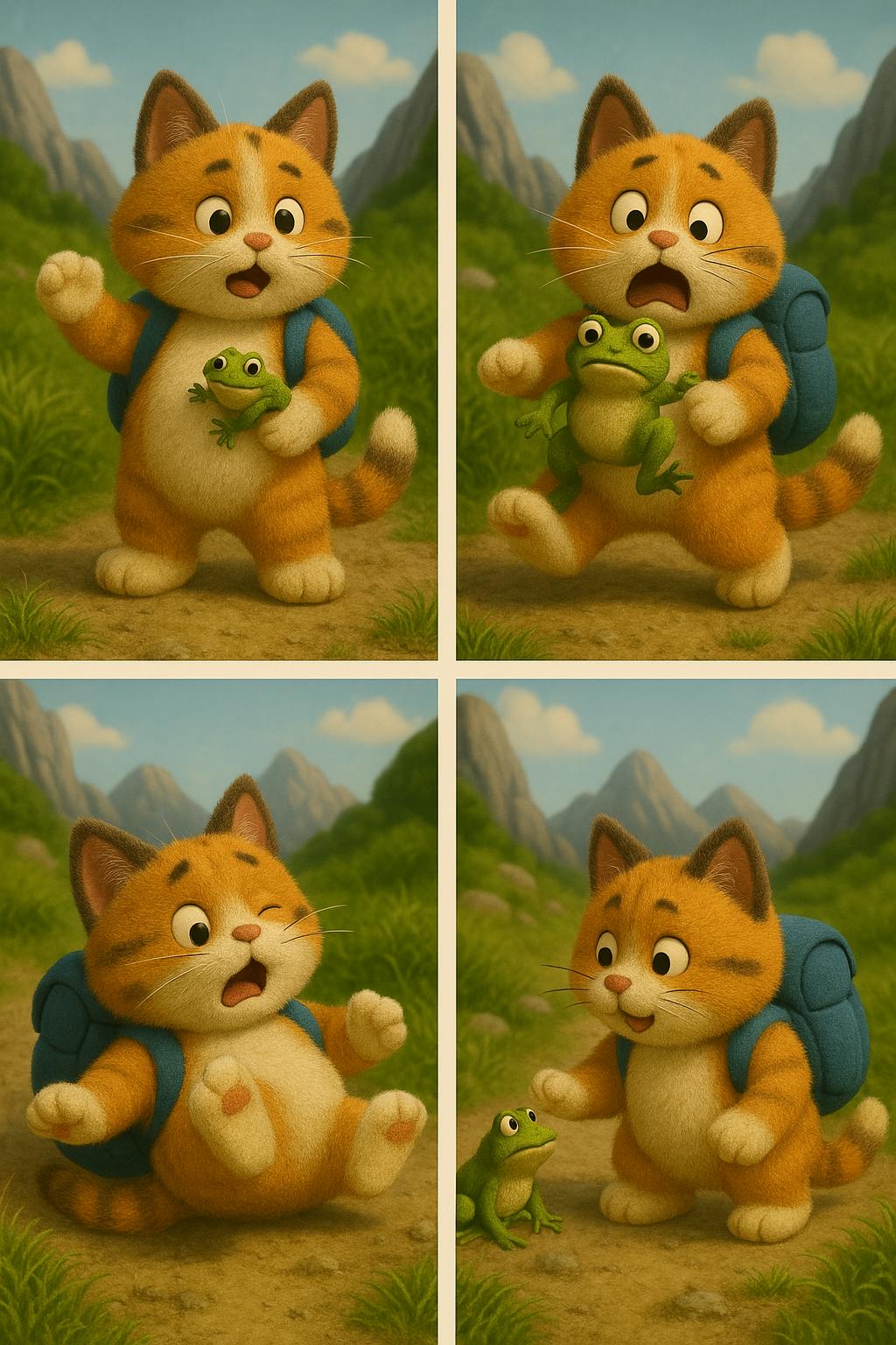 개구리와 배낭이있는 고양이의 일련