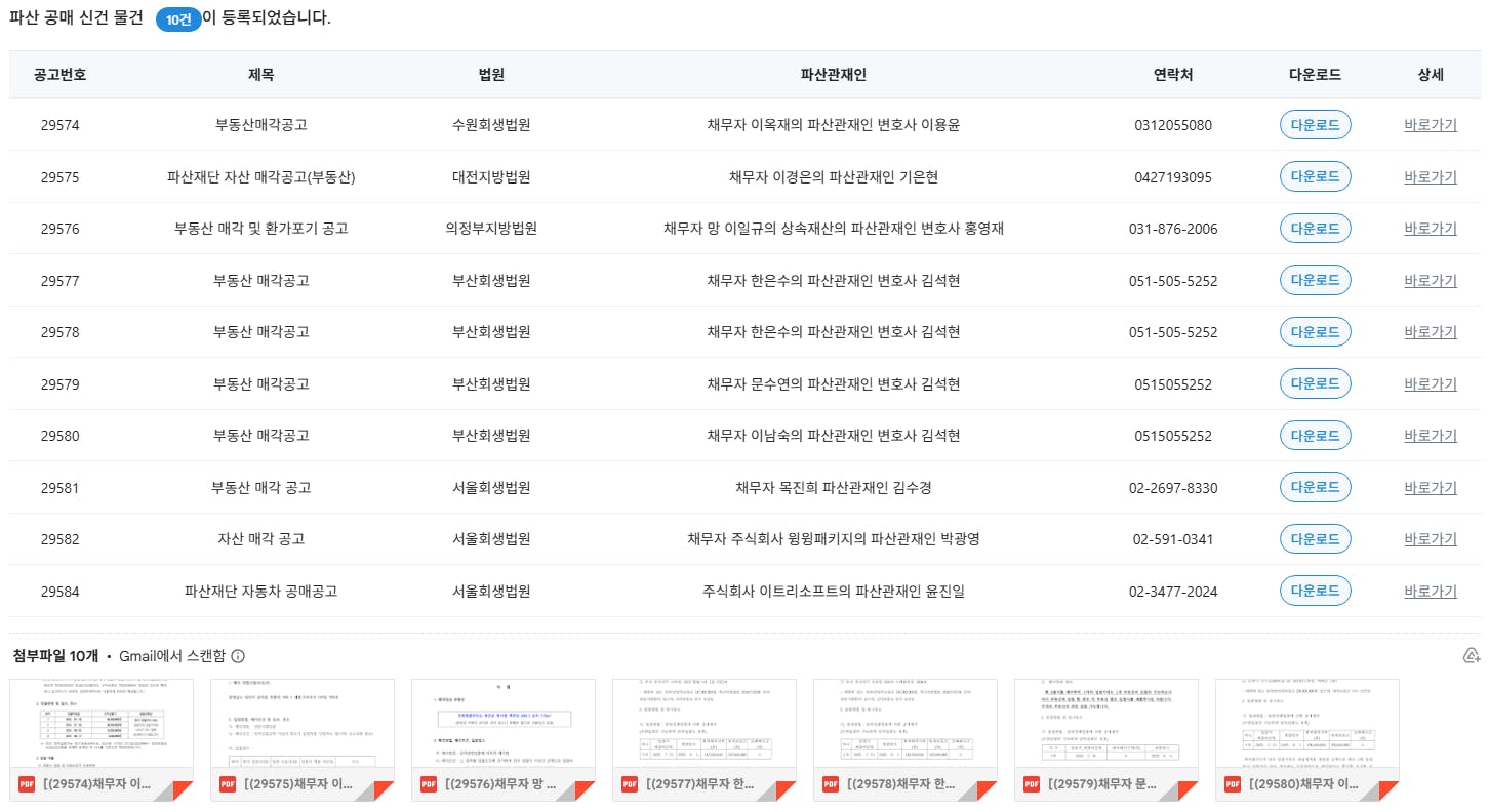문서 목록을 보여주는 한국 웹 사이트의 스크린 샷