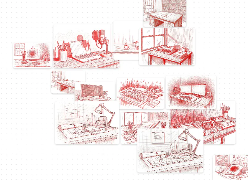 다양한 물건이 있는 방의 스케치