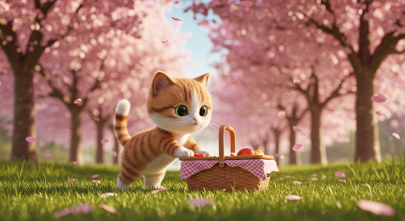 벚꽃 밭에 바구니가 달린 고양이