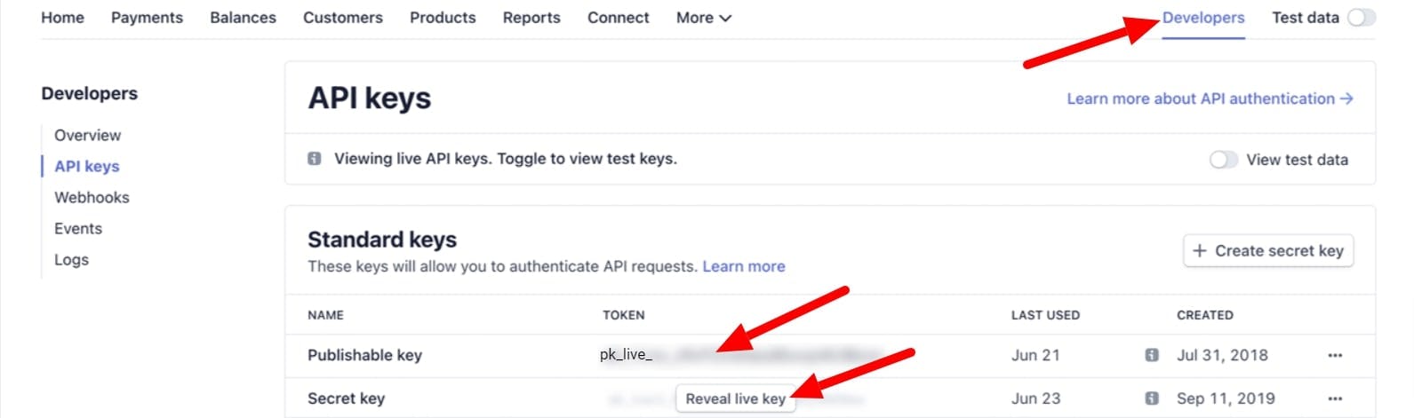 The page in the Stripe account that displays the API keys section with the requires keys for integration