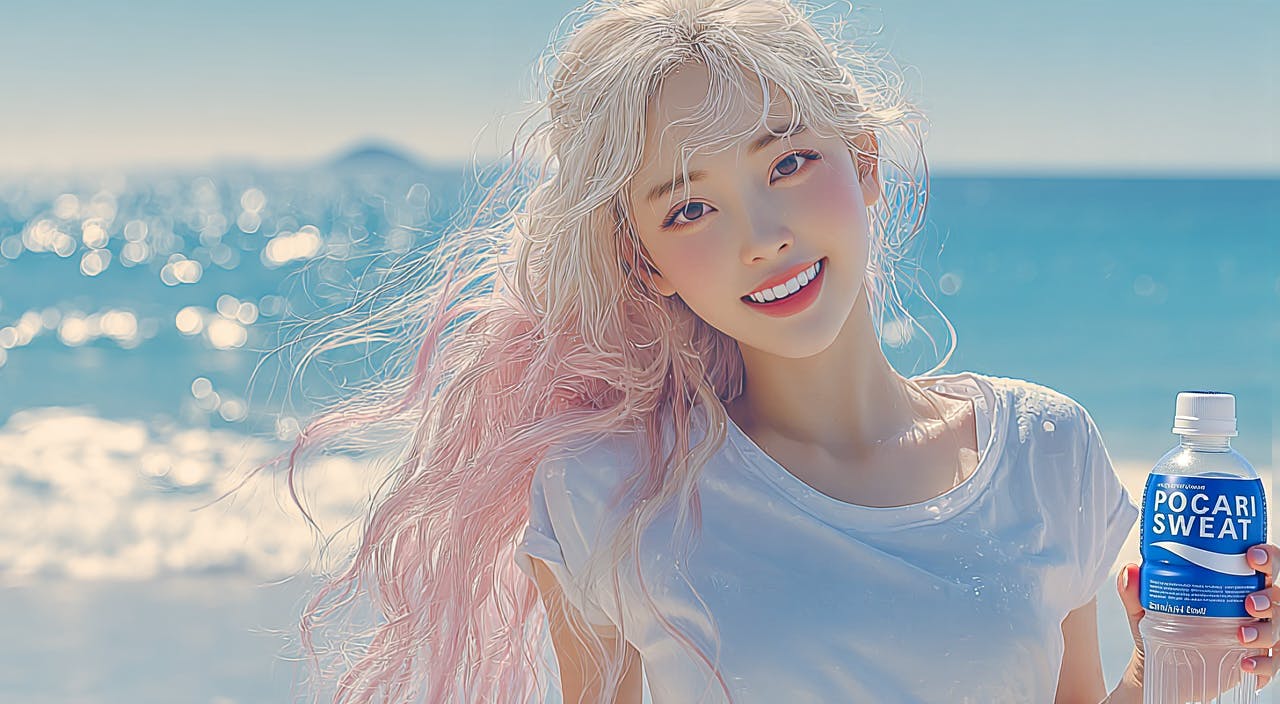 해변에 물 한 병을 들고있는 소녀
