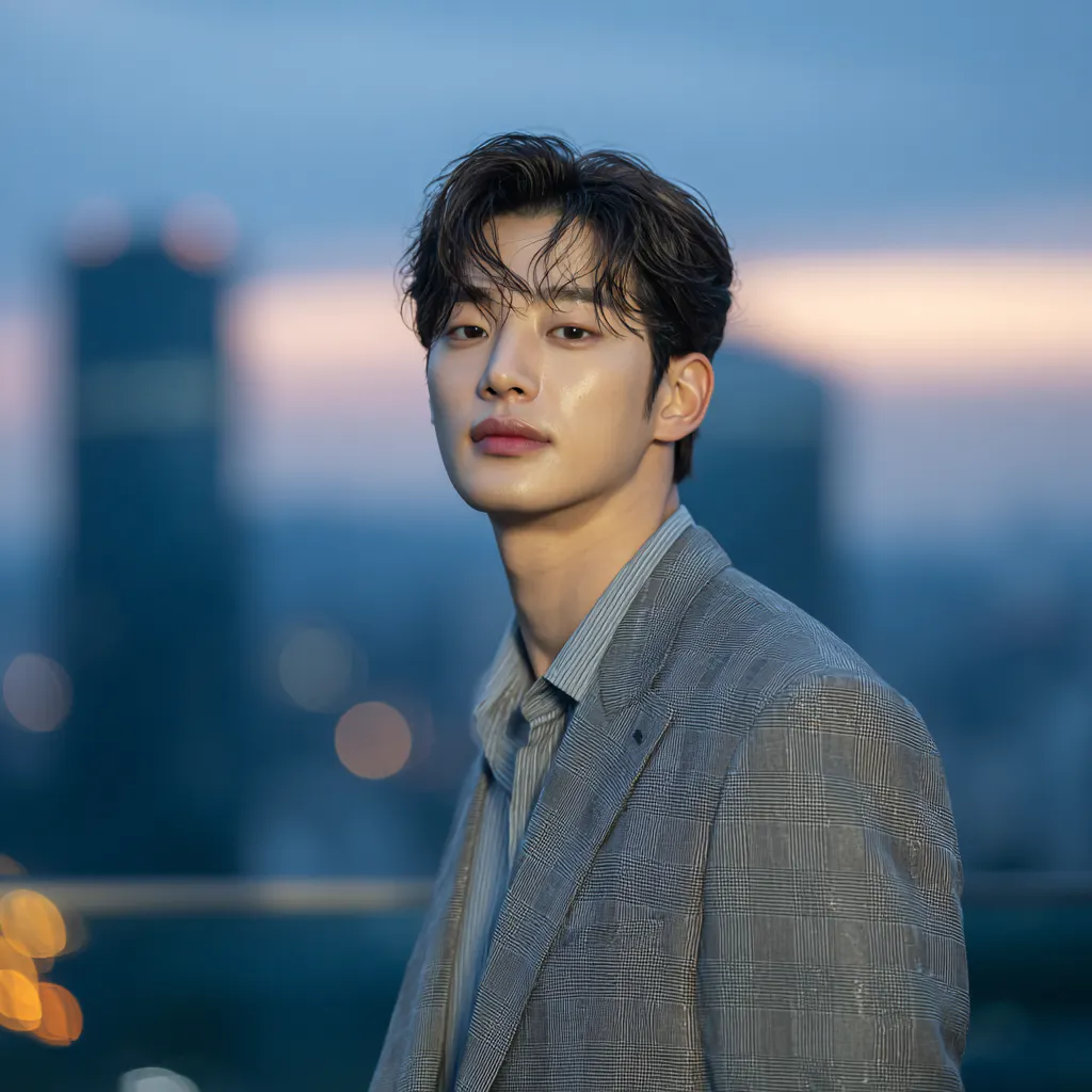 양복을 입은 청년이 도시 앞에 서 있다