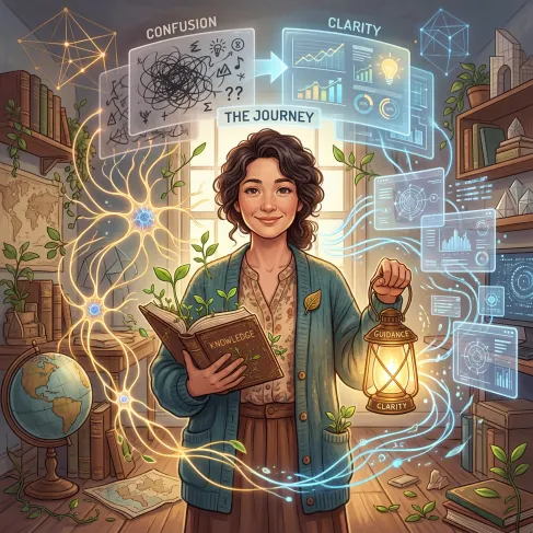 책을 읽고 랜턴을 들고 있는 여성의 일러스트