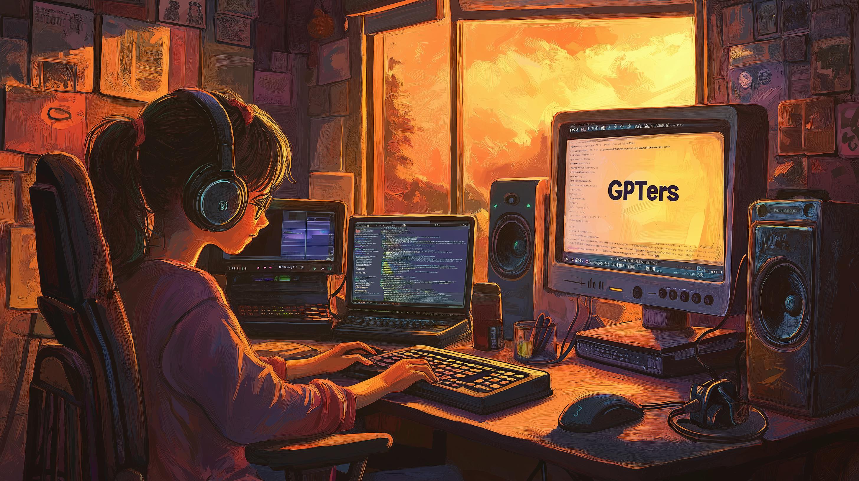 헤드폰을 끼고 컴퓨터 앞에 앉아 있는 소녀