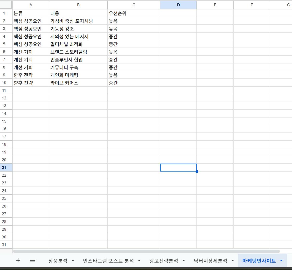 한국어 텍스트가 장착 된 Google 스프레드 시트의 스크린 샷