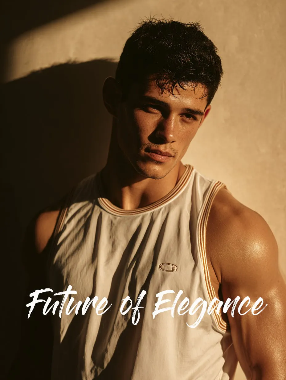 우아함의 텍스트 미래를 가진 탱크 탑에있는 남자