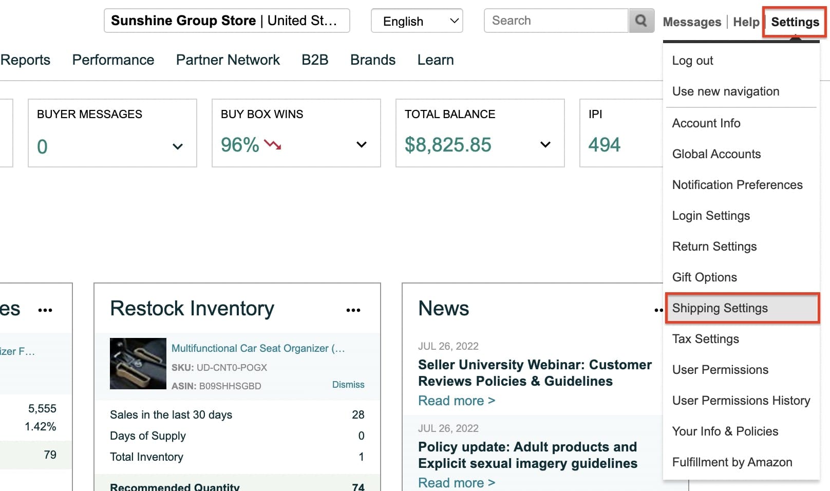 picture showing the process of configuring Sellvia shipping settings on Amazon