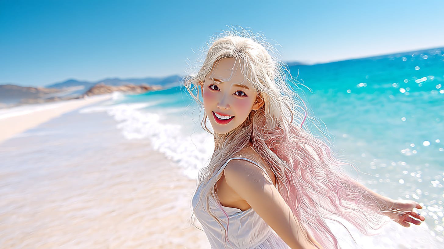 해변에 핑크색 머리카락을 가진 소녀