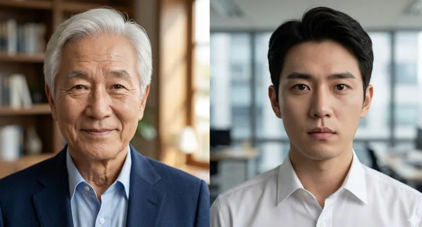 나이든 남자와 젊은 남자의 사진 두 장