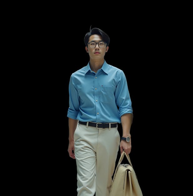 검은 배경에 가방을 가지고 걷는 남자