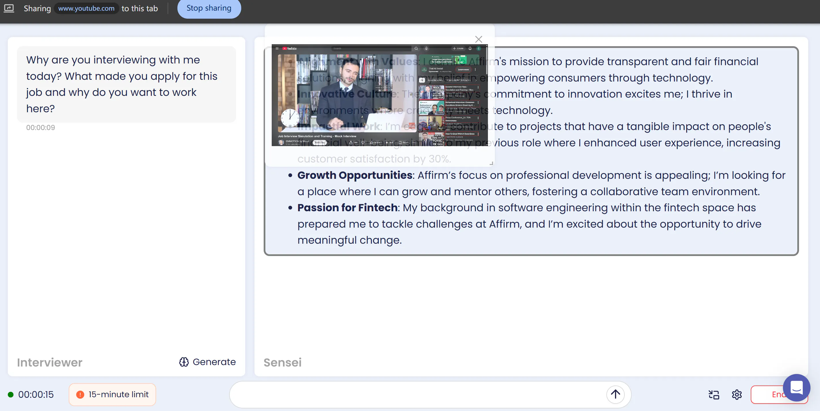 During my data scientist interview simulation, Sensei AI's tab-based interview copilot can be seen clearly
