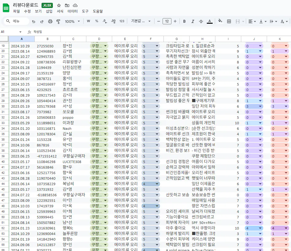 한국 숫자가있는 스프레드 시트