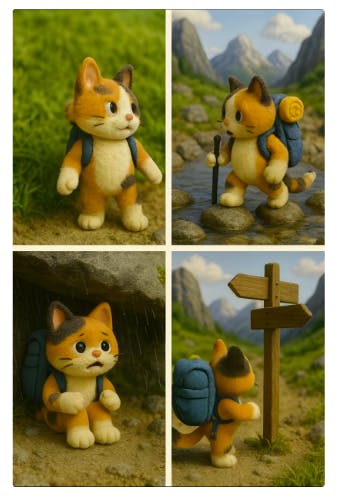 배낭과 표지판을 가진 박제 고양이의 4 장