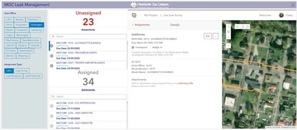 A gas leak management dashboard displays a map of a route, with text saying 23 unassigned tasks and 34 assigned tasks