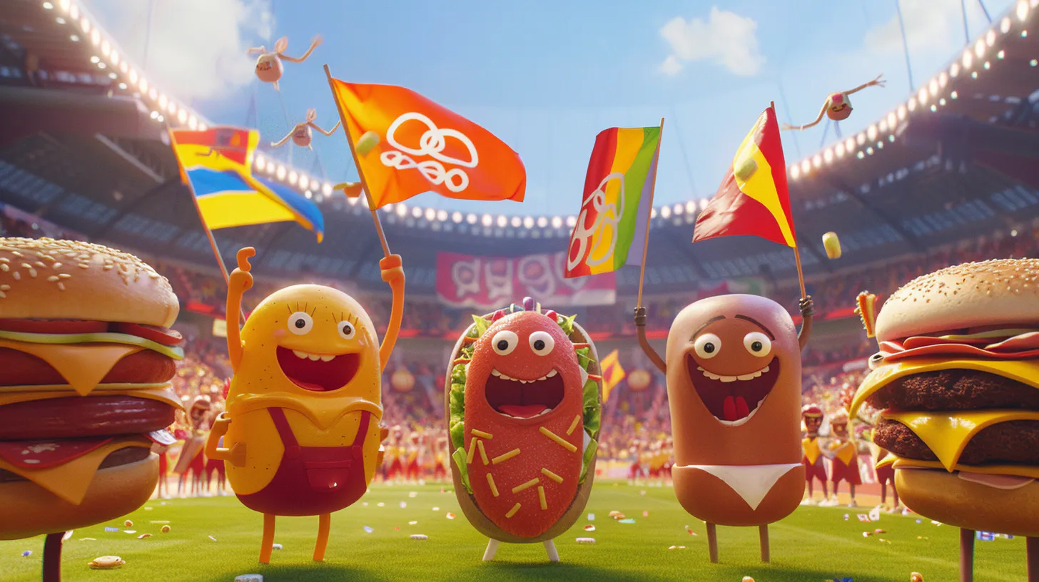 경기장에 깃발을 들고있는 핫도그 그룹