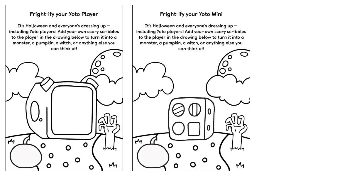 Preview of the colouring sheets featuring a Yoto Player and Yoto Mini with displays that can be drawn in