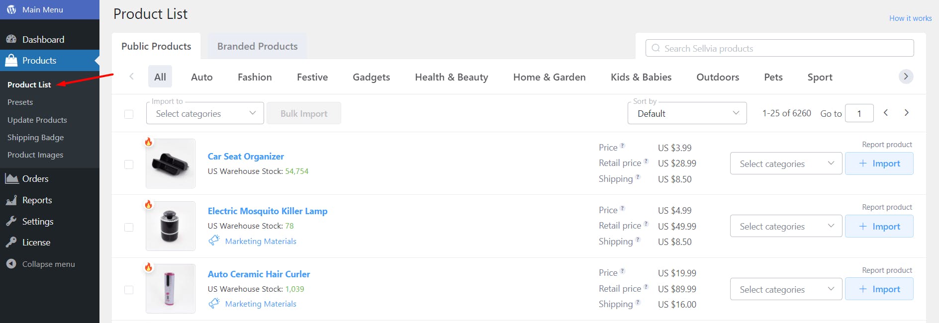 Image showing how to import Sellvia products from catalog to your website