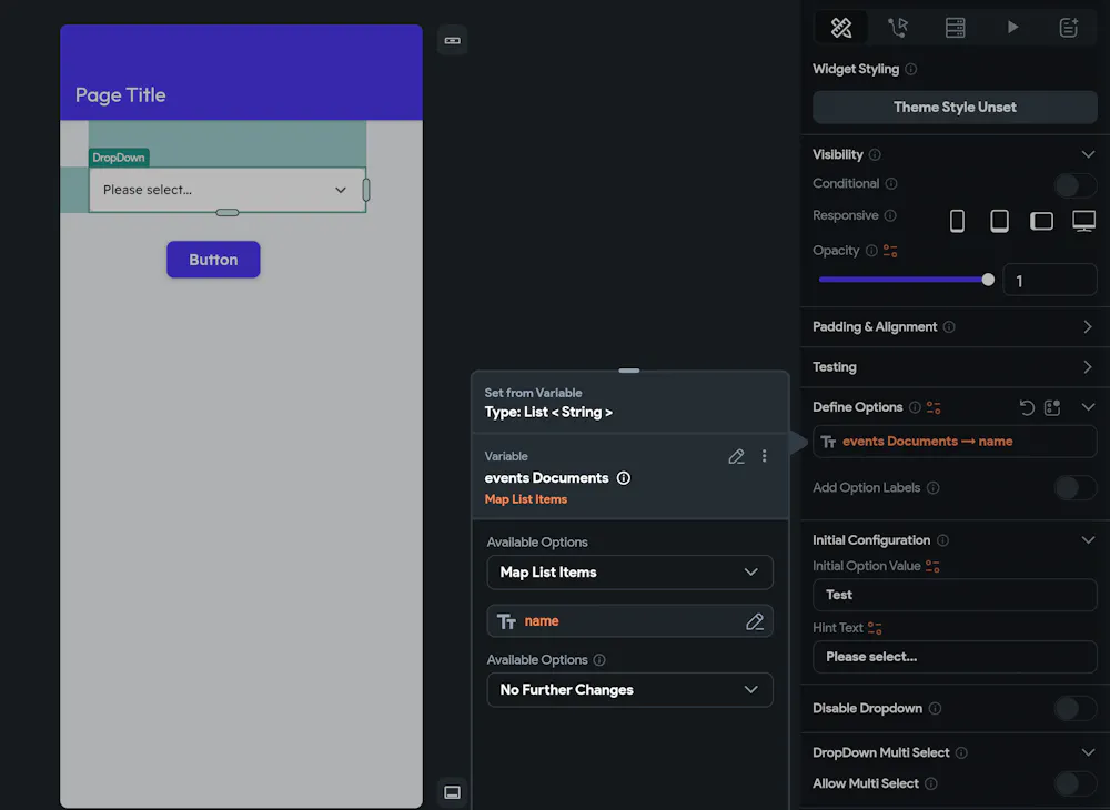 Dropdown won't open with Define Options from document