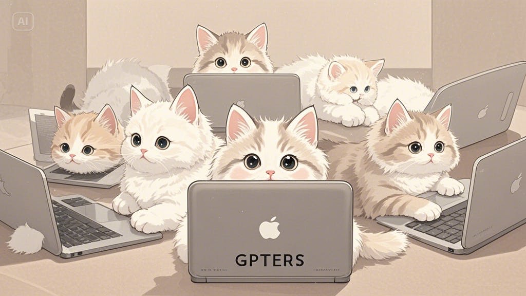 gtters라는 단어가 적힌 노트북 위에 앉아 있는 새끼 고양이 무리