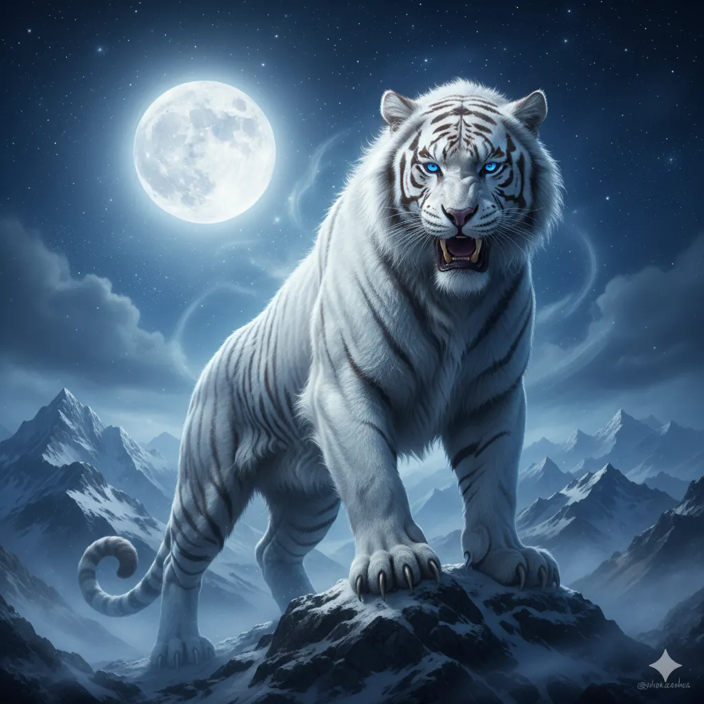 달을 배경으로 산 꼭대기에 서 있는 백호