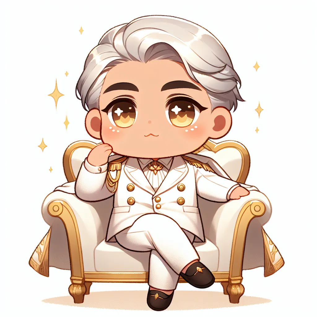 흰 양복을 입은 만화 캐릭터가 의자에 앉아 있다