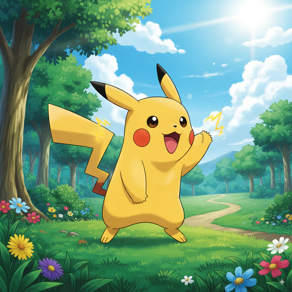 피카추는 나무가있는 들판에 서 있습니다