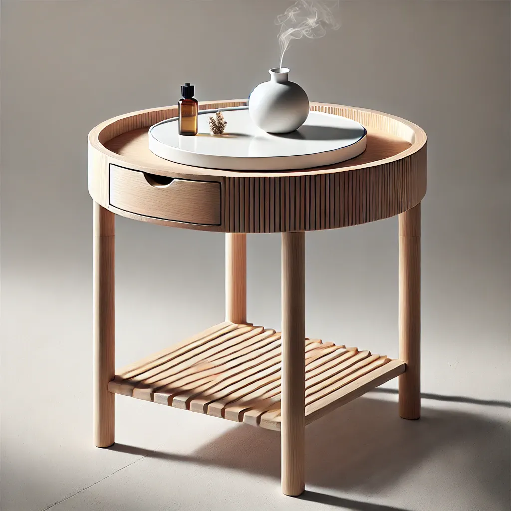 나무 사이드  테이블 위에 꽃병이 놓여 있다