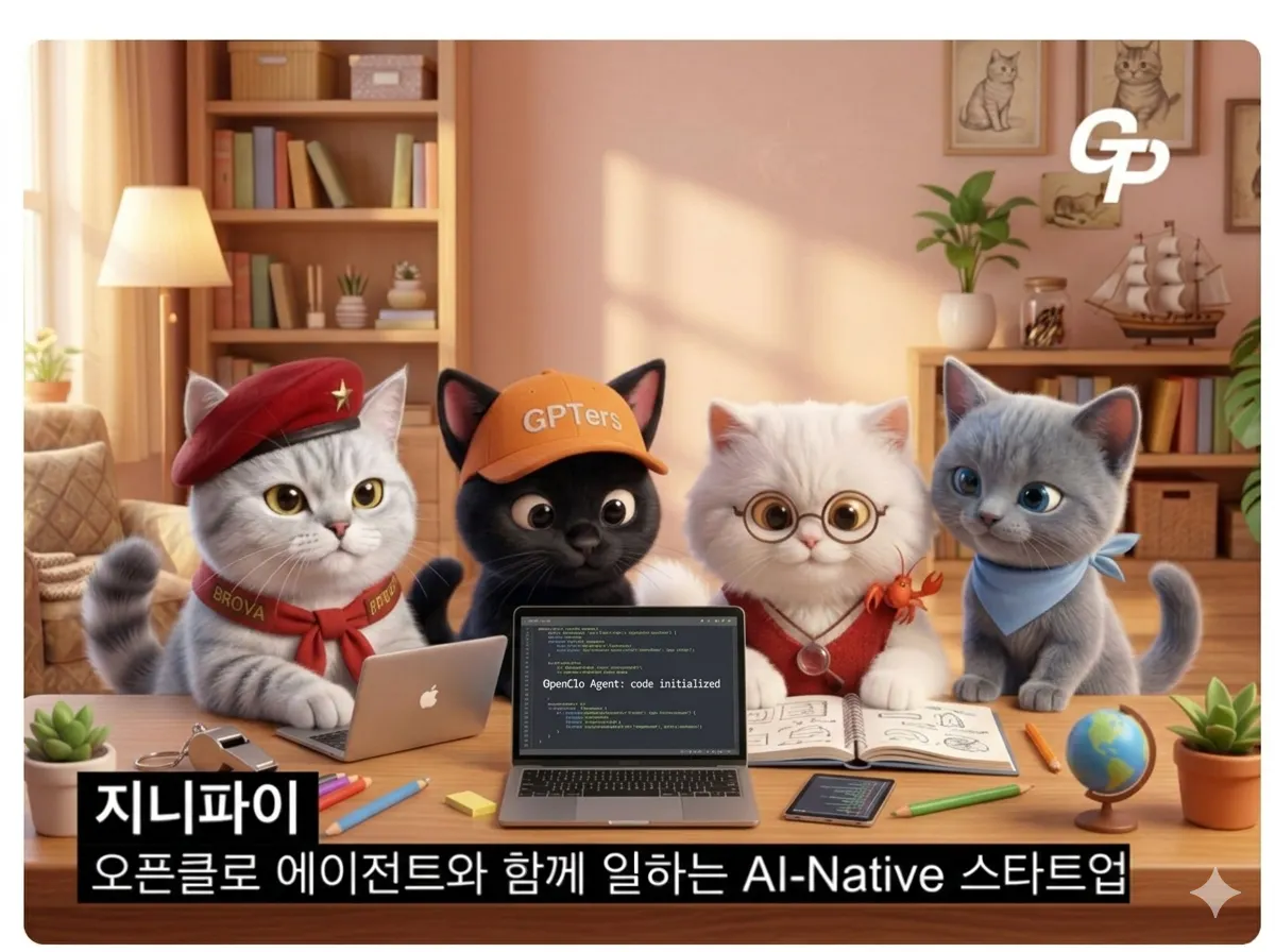 노트북을 들고 책상에 앉아 있는 고양이 무리