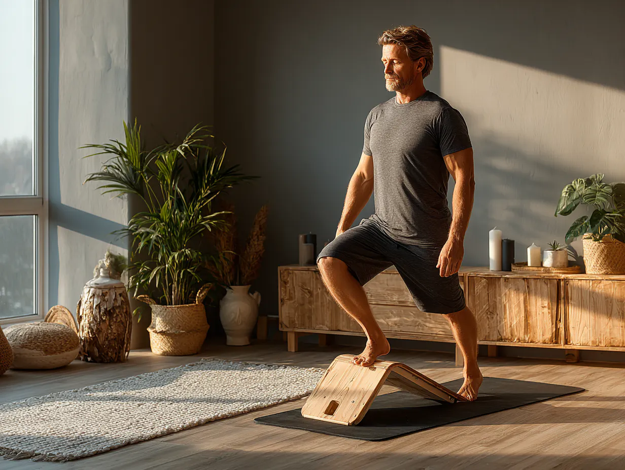 남자가 거실의 나무 플랫폼에 서 있습니다.